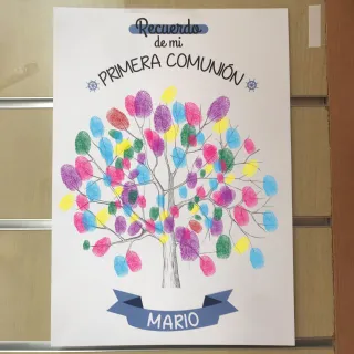 Láminas de árbol de huellas dactilares para comunión en color azul